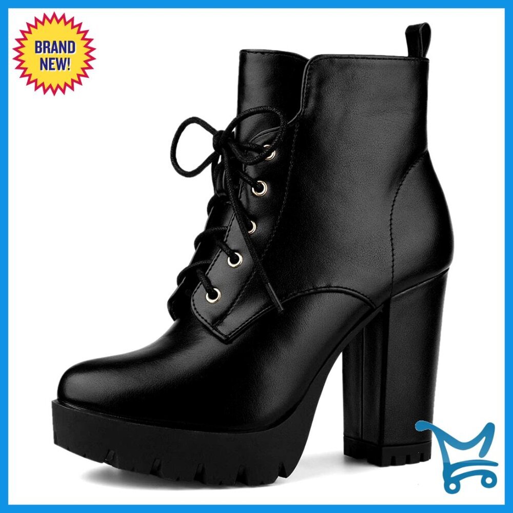 Chunky Heel Platform Ankle Boots Lace Up Side Zipper Round Toe